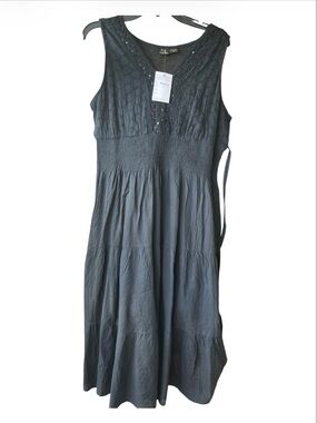 NWT S.R. Fashion Black 100% Cotton Boho Eyelet Midi Dress - Size M